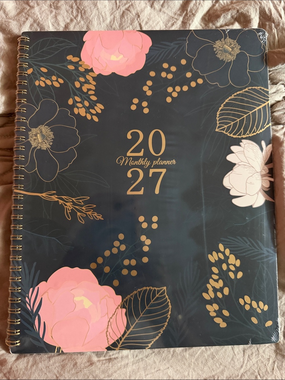 2027 Monthly Planner - Navy Cover with Pink & Gold Floral Accents